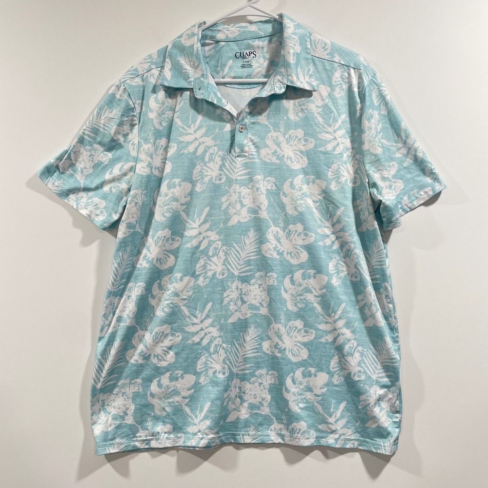 Chaps Golf Mens Large Blue White Tropical Hibiscus Floral Performance Polo Shirt